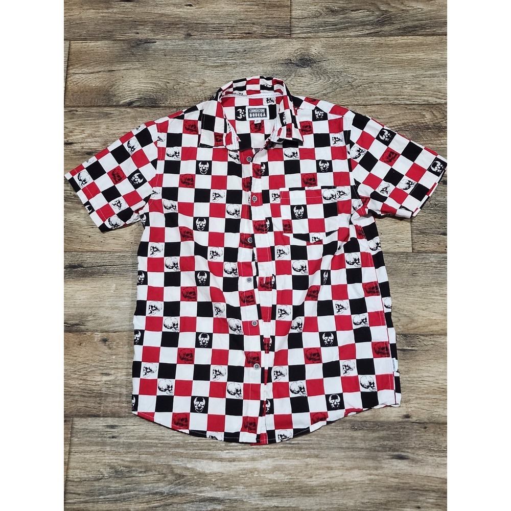 Cornerstore Bodega Mens Short Sleeve Button Up Skull shirt red black white M